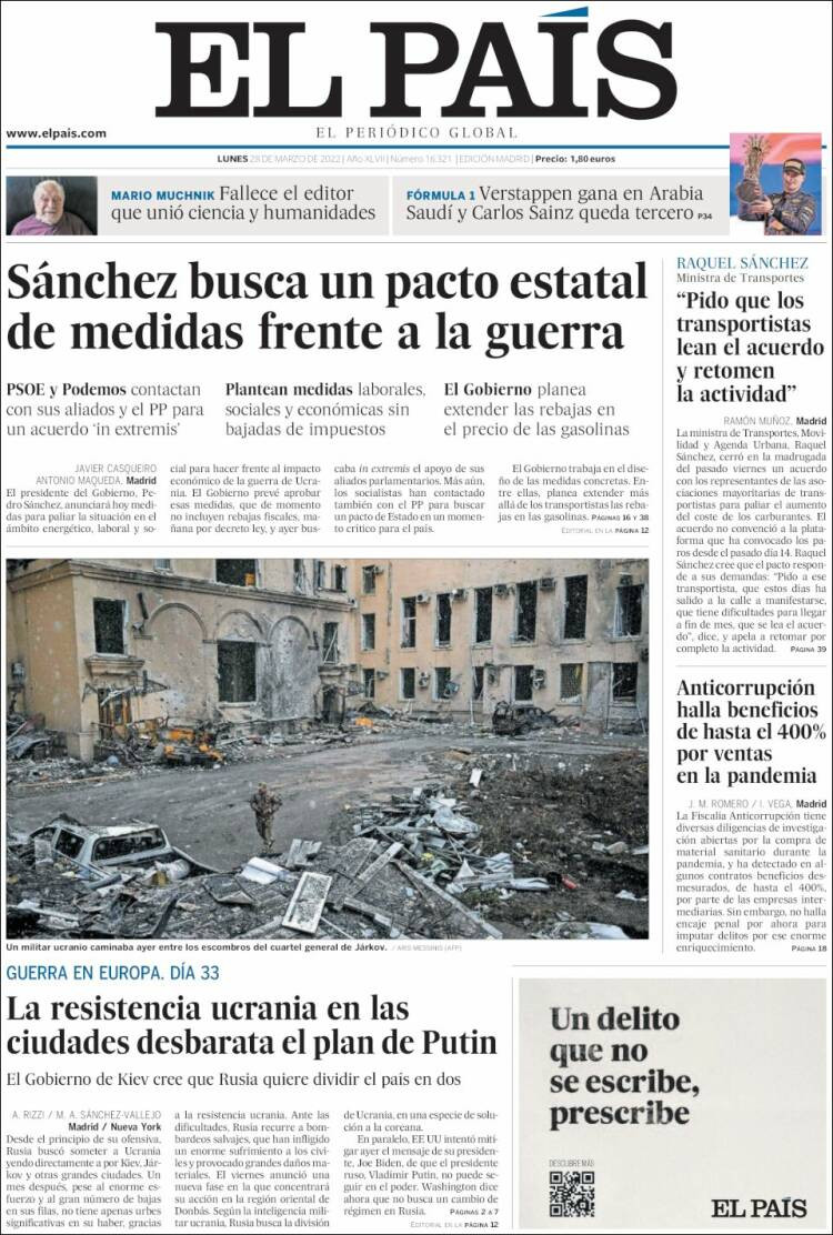 Portada de 'El País' del 28 de marzo de 2022 / Kiosko