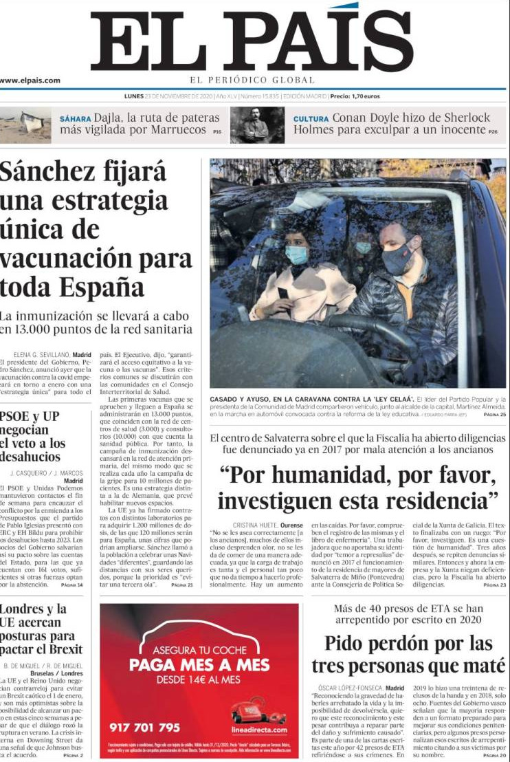 Portada de 'El País' del 23 de noviembre de 2020 / KIOSKO.NET