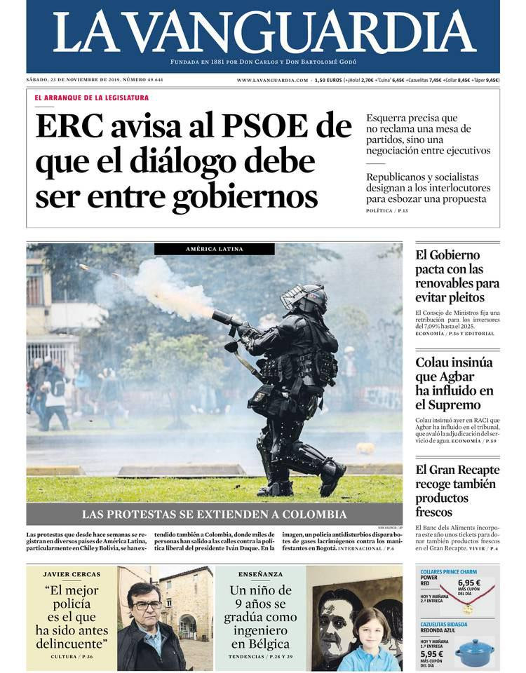 Portada de 'La Vanguardia' del 23 de noviembre de 2019