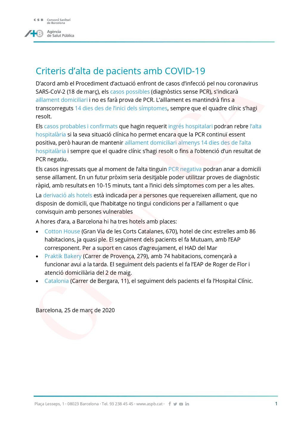 Protocolo de test PCR por contagio con SARS-CoV-2 del Consorci Sanitari de Barcelona, formado por Ayuntamiento y Generalitat / CG