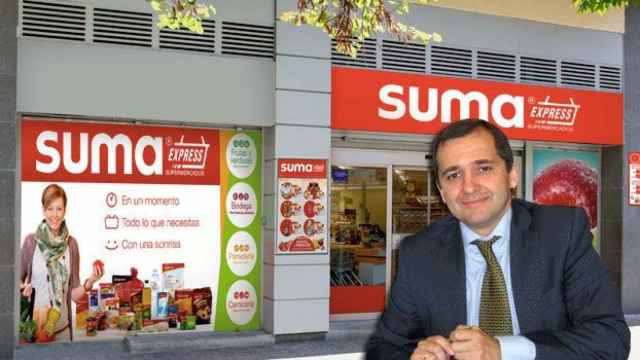 Belarmino Doce, director de de desarrollo de negocio de Grupo Miquel, junto a un supermercado Suma / FOTOMONTAJE DE CG