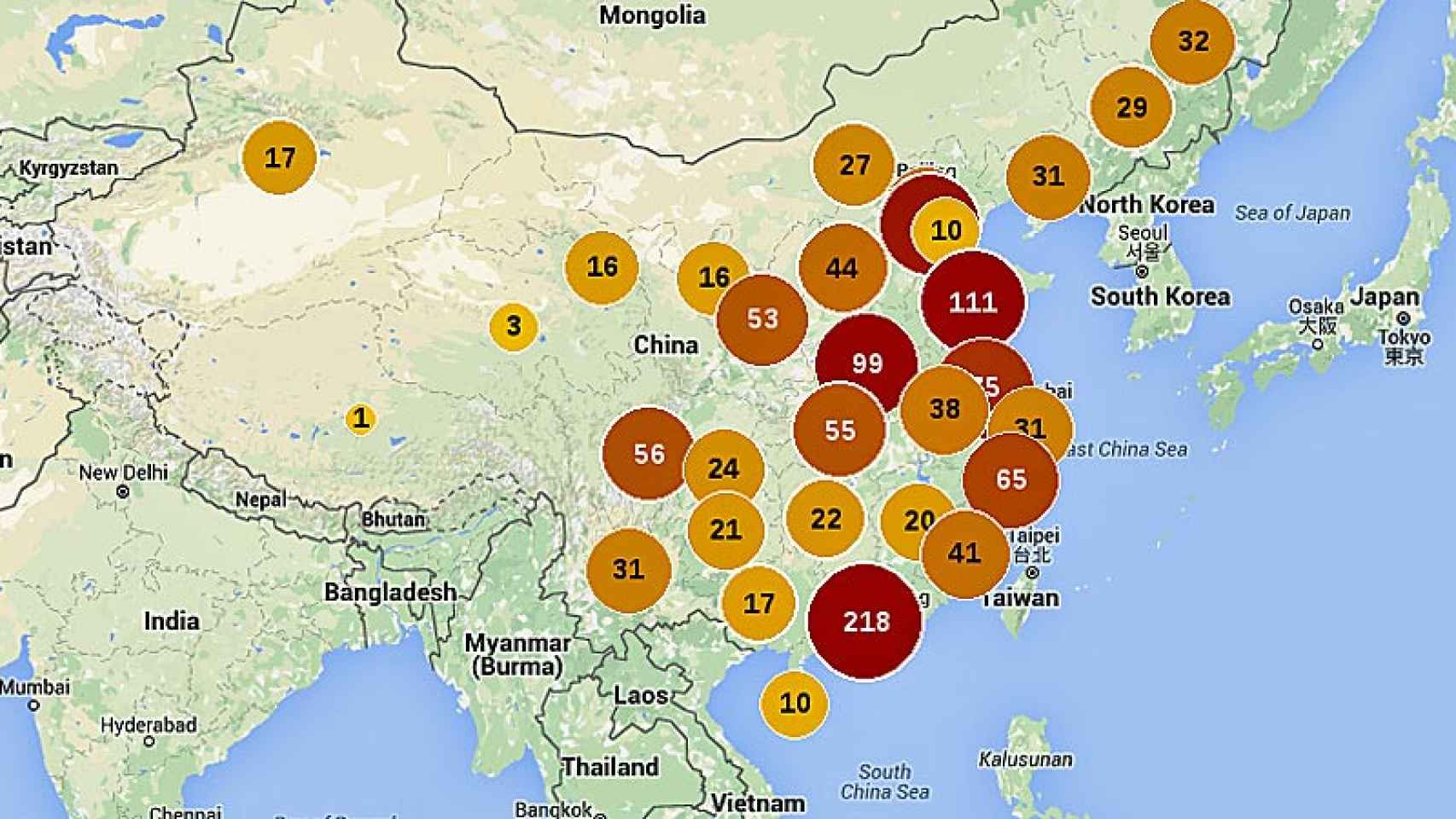 Mapa con las huelgas y manifestaciones por motivos laborales registradas en China en 2015