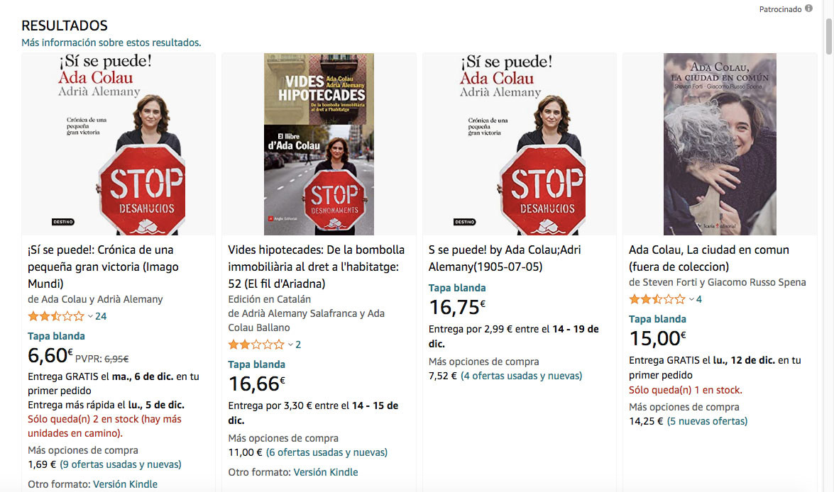 Productos de Ada Colau en Amazon, incluidos dos de los libros que firma ella, 'Vides Hipotecades' y 'Sí se puede' / CG
