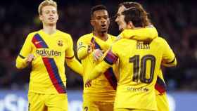 De Jong, Semedo, Griezmann y Messi celebrando el gol contra el Nápoles / FC Barcelona