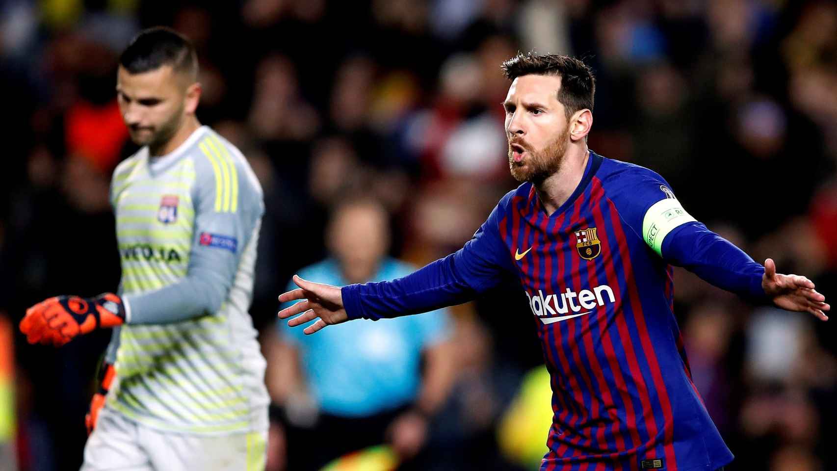 Leo Messi celebra su gol ante el Olympique de Lyon / EFE