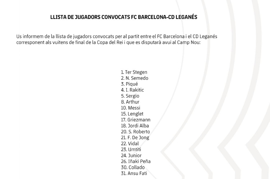 Convocatoria del Barça contra el Leganés / FCN