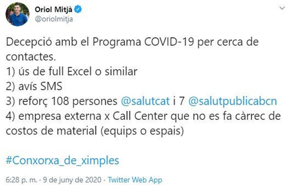 El tuit crítico con el Govern que Oriol Mitjà publicó el martes, borró y ha republicado el miércoles / CG