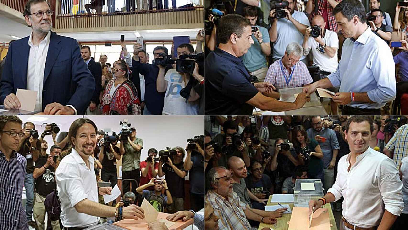 Mariano Rajoy, Pedro Sánchez, Pablo Iglesias y Albert Rivera, este domingo, en el momento de depositar sus votos en las urnas .