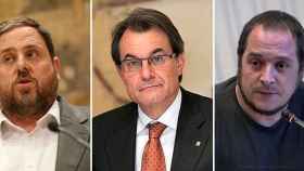 El presidente de ERC, Oriol Junqueras; el presidente de la Generalitat y de CDC, Artur Mas, y el diputado de la CUP David Fernández