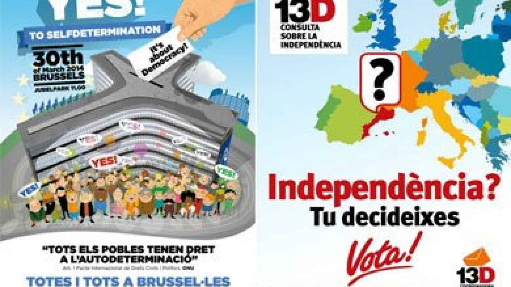 Carteles de la manifestación para la autodeterminación de este domingo y de una las consultas independentistas realizadas en Cataluña entre 2009 y 2011