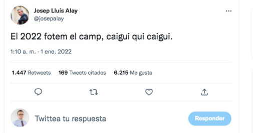 El tuit de Josep Lluís Alay el 1 de enero de 2022 / CG
