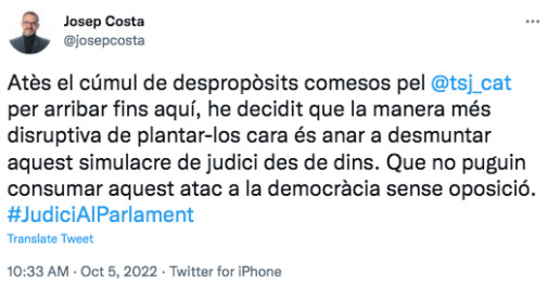 Mensaje del exvicepresidente del Parlament, Josep Costa, antes del juicio en el TSJC / TWITTER