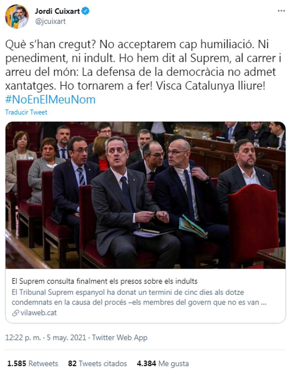 Jordi Cuixart, preguntándose ¿quién se han creído que son? el Tribunal Supremo en su perfil de Twitter