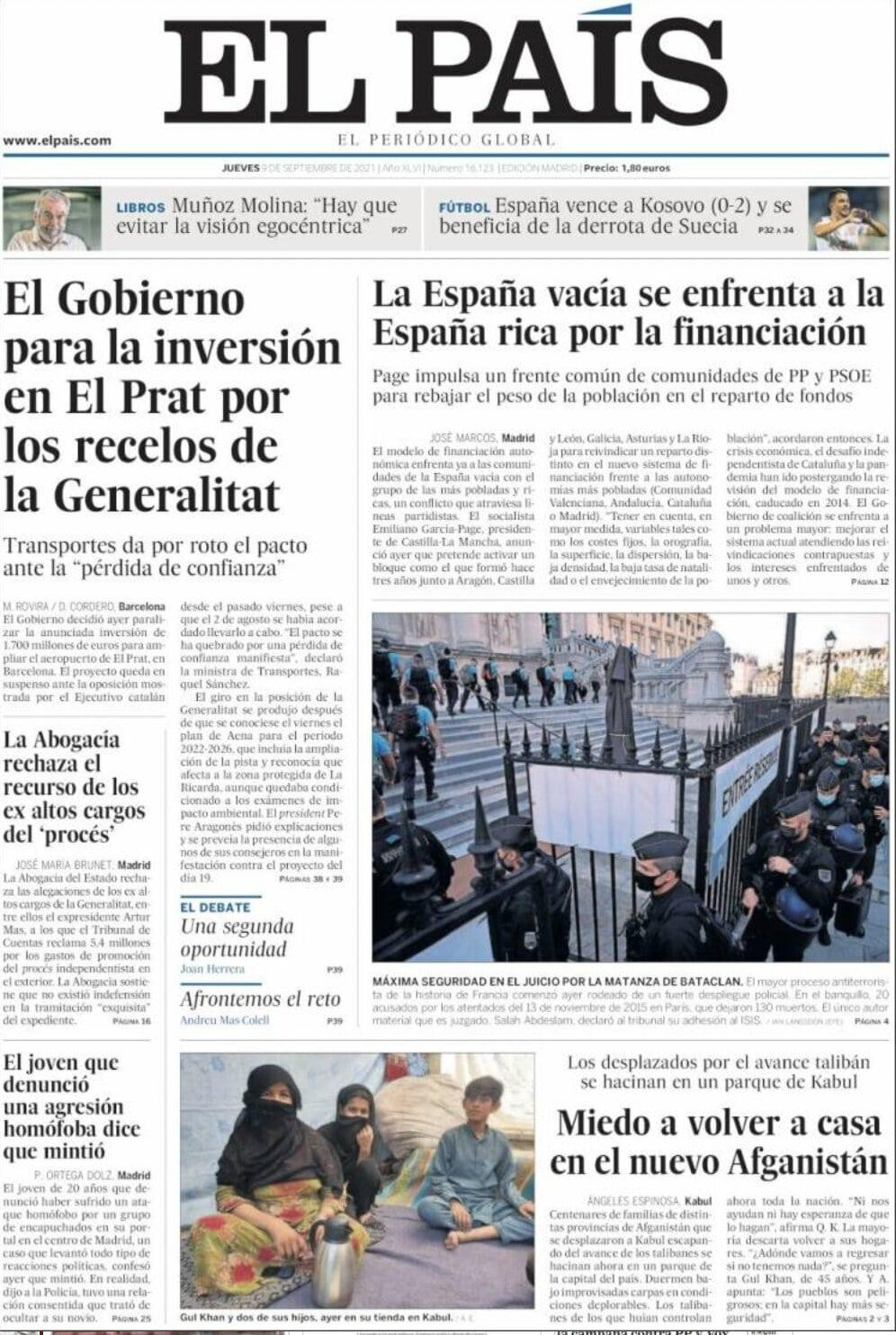 Portada de 'El País' del 9 de septiembre de 2021 / KIOSKO.NET