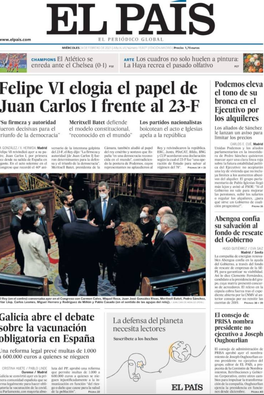 Portada de 'El País' del 24 de febrero de 2021 / KIOSKO.NET