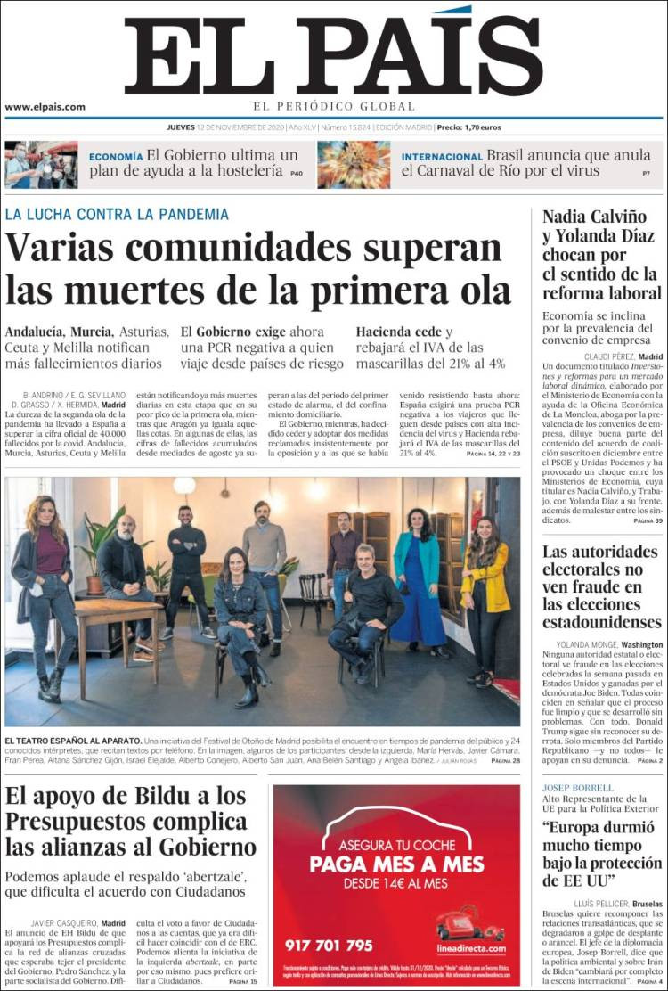 Portada de 'El País' del jueves 12 de noviembre