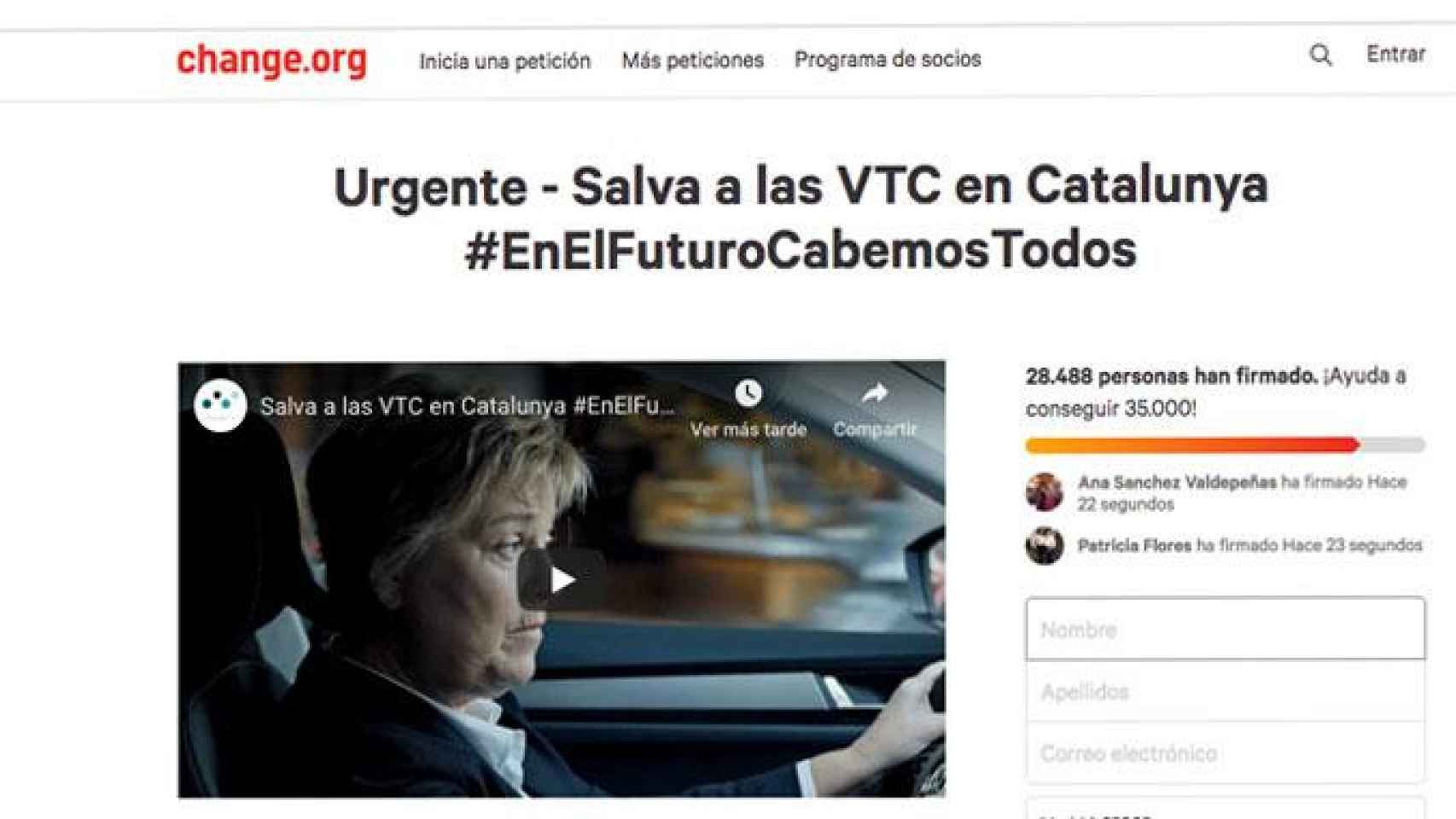 Recogida masiva de firmas en 'Change.org' para salvar las VTC en Cataluña / CHANGE.ORG