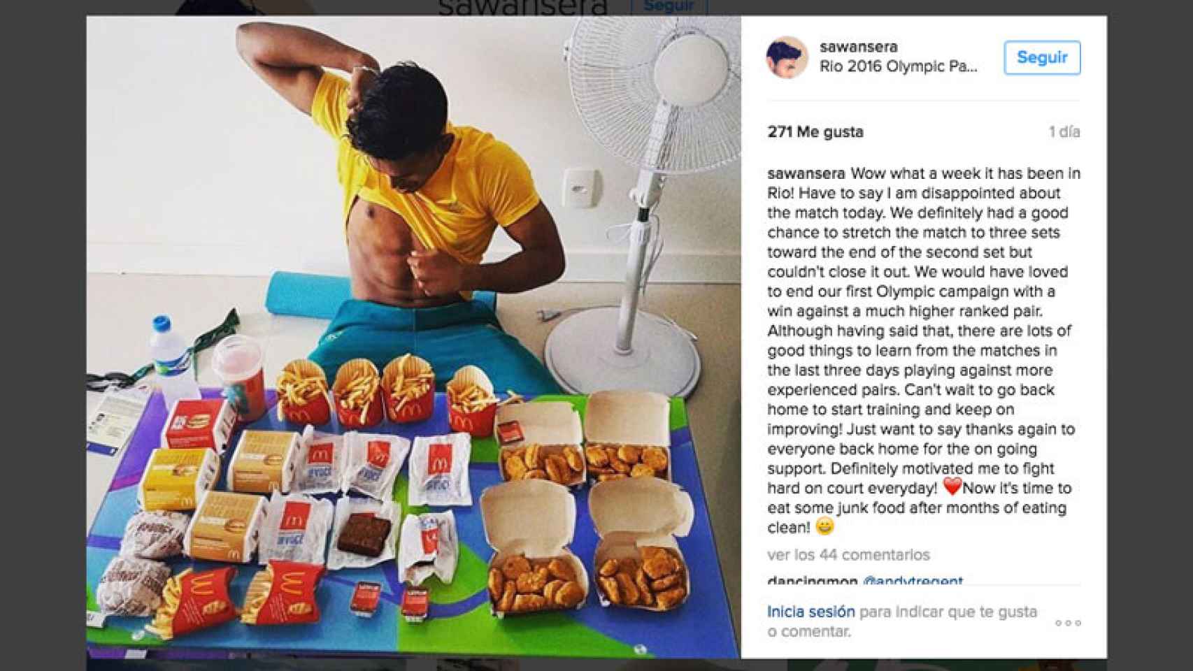 El jugador de bádminton australiano Sawan Serasinghe muestra su atracón de comida basura en Río. / CG