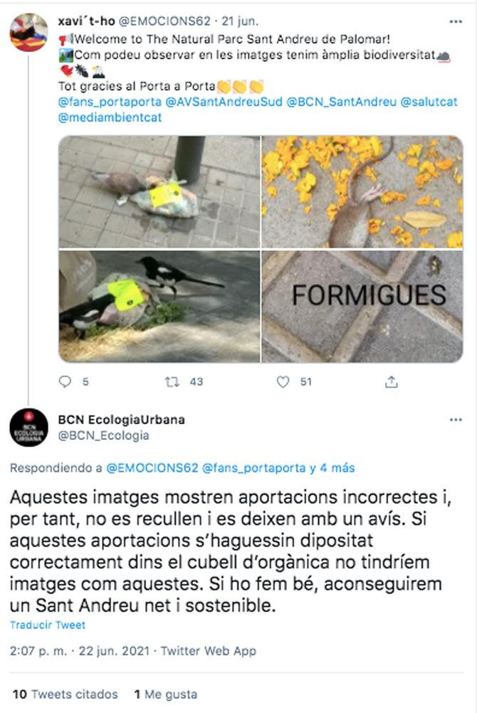 La respuesta de una cuenta del Ayuntamiento de Barcelona a la presencia de ratas en Sant Andreu / CG