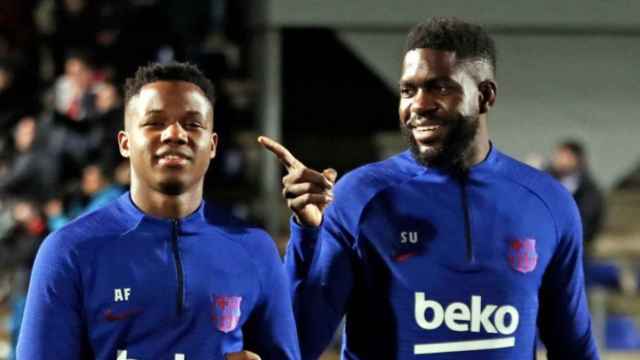 Ansu Fati y Samuel Umtiti, en un entrenamiento del Barça / Redes