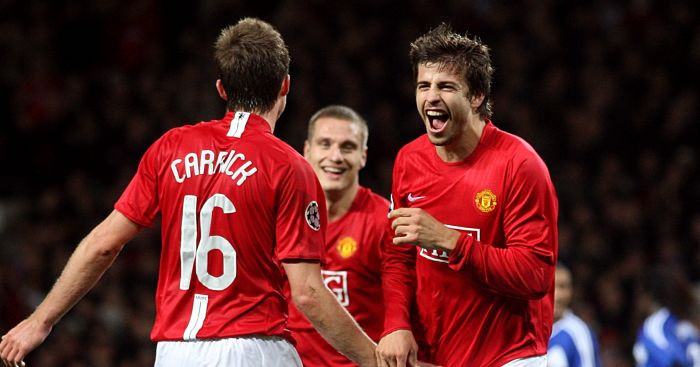 Carrick y Piqué celebrando un gol con el Manchester United / EFE