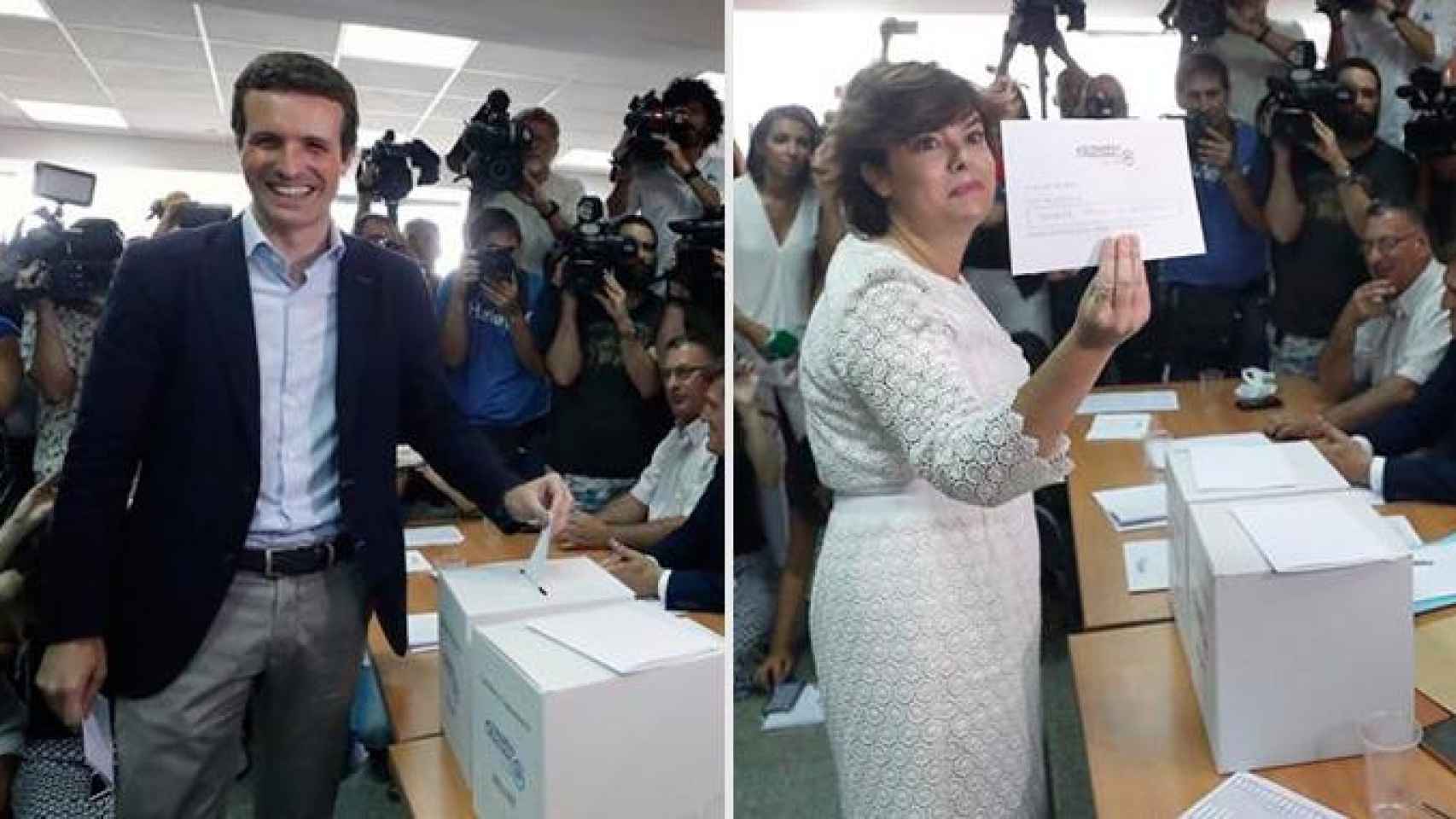 Los candidatos al PP Pablo Casado y Soraya Sáenz de Santamaría votan en las primarias del partido para elegir al sucesor de Mariano Rajoy