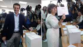 Los candidatos al PP Pablo Casado y Soraya Sáenz de Santamaría votan en las primarias del partido para elegir al sucesor de Mariano Rajoy