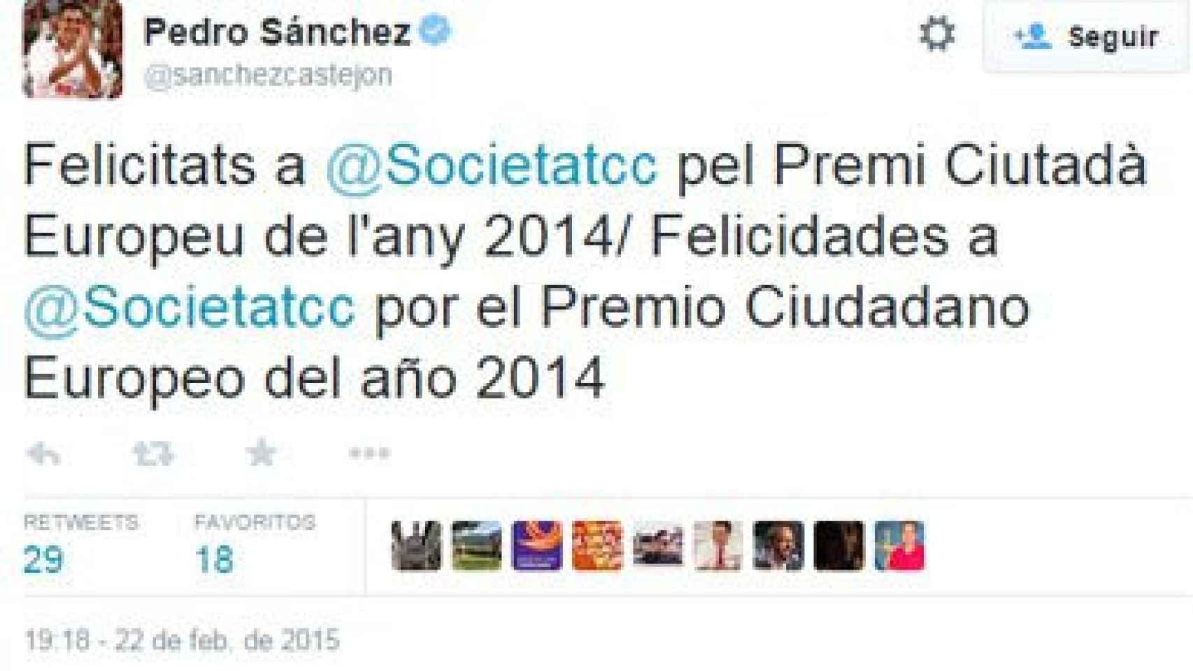 Tuit de Pedro Sánchez felicitando a SCC