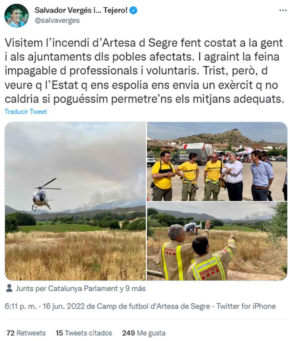 El diputado de JxCat Salvador Vergés, criticando la ayuda de la UME contra los incendios / TWITTER