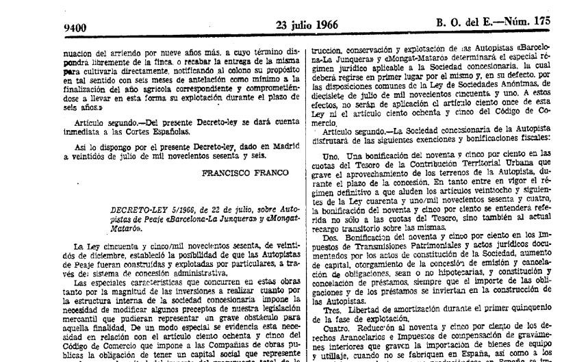 Decreto ley del dictador Francisco Franco sobre las autopistas de peaje
