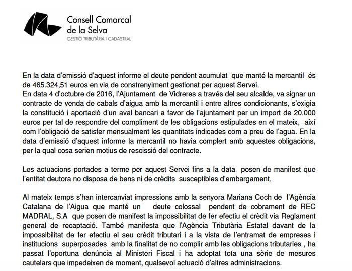 Parte del informe del Consejo Comarcal de la Selva sobre el caso del agua de Vidreres (Girona)