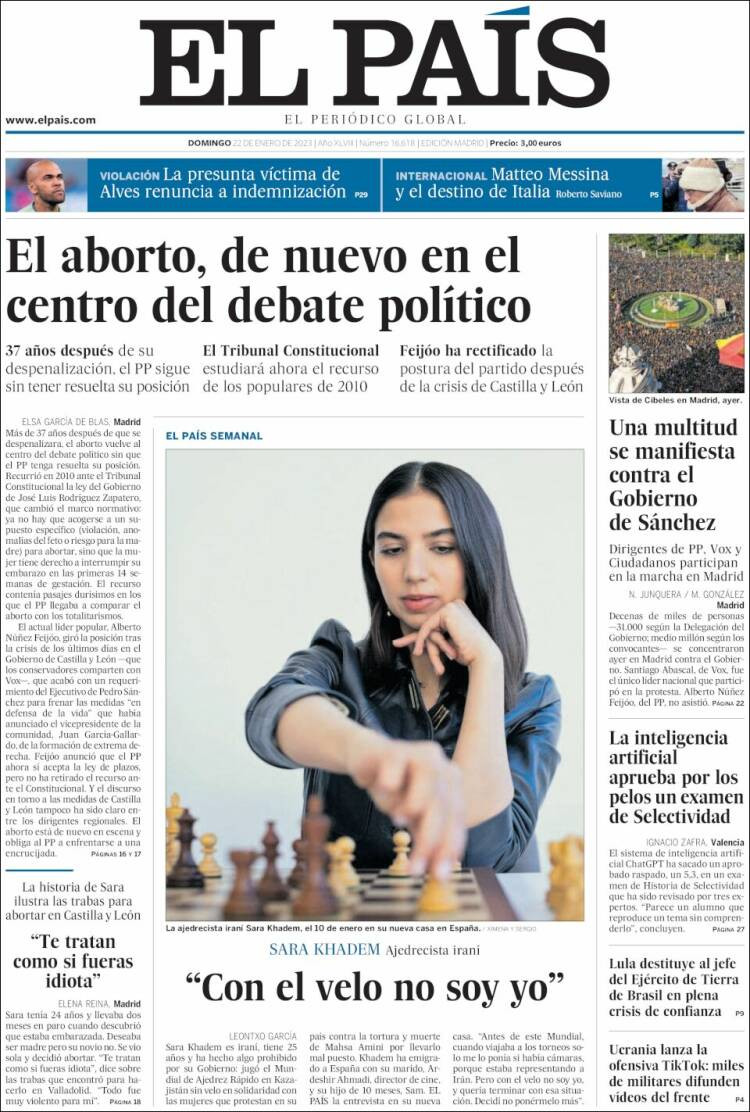Portada de 'El País' del 22 de enero de 2023