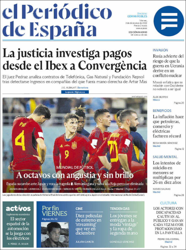 La portada de 'El Periódico' del 2 de diciembre de 2022 / KIOSKO.NET