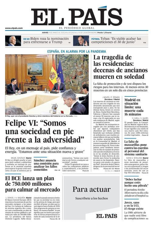 Portada de 'El País' con informaciones sobre el discurso del Rey y el coronavirus
