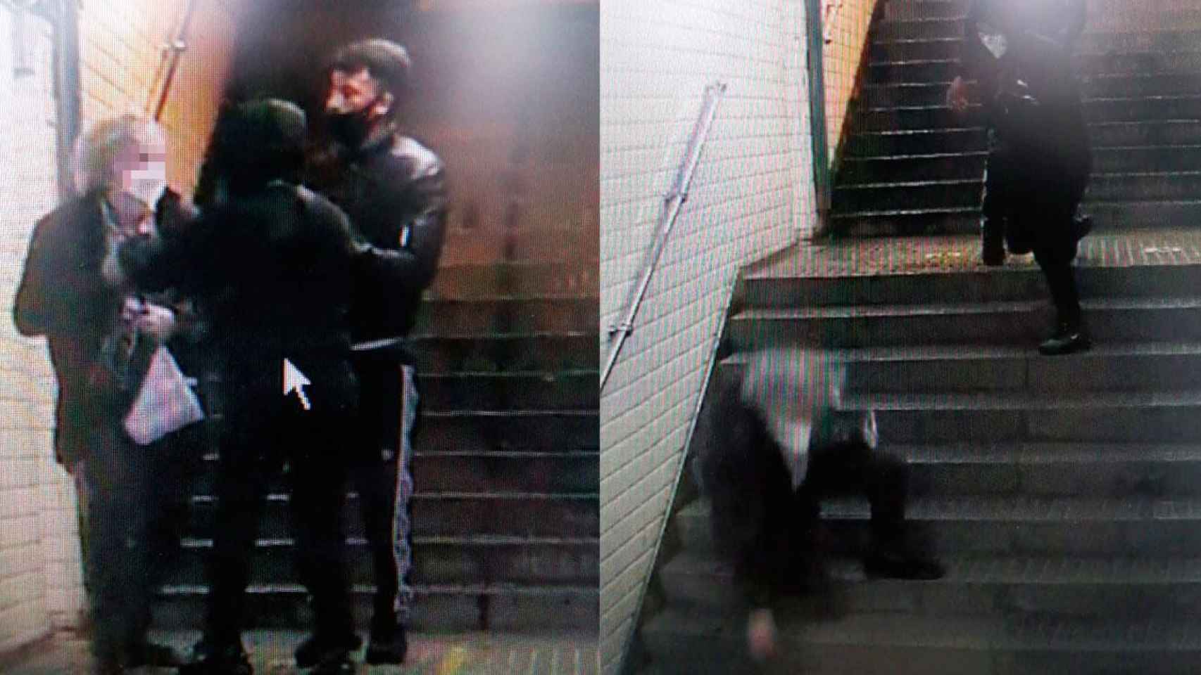Dos imágenes del robo con violencia y empujón por las escaleras al anciano en la estación de Catalunya / CG