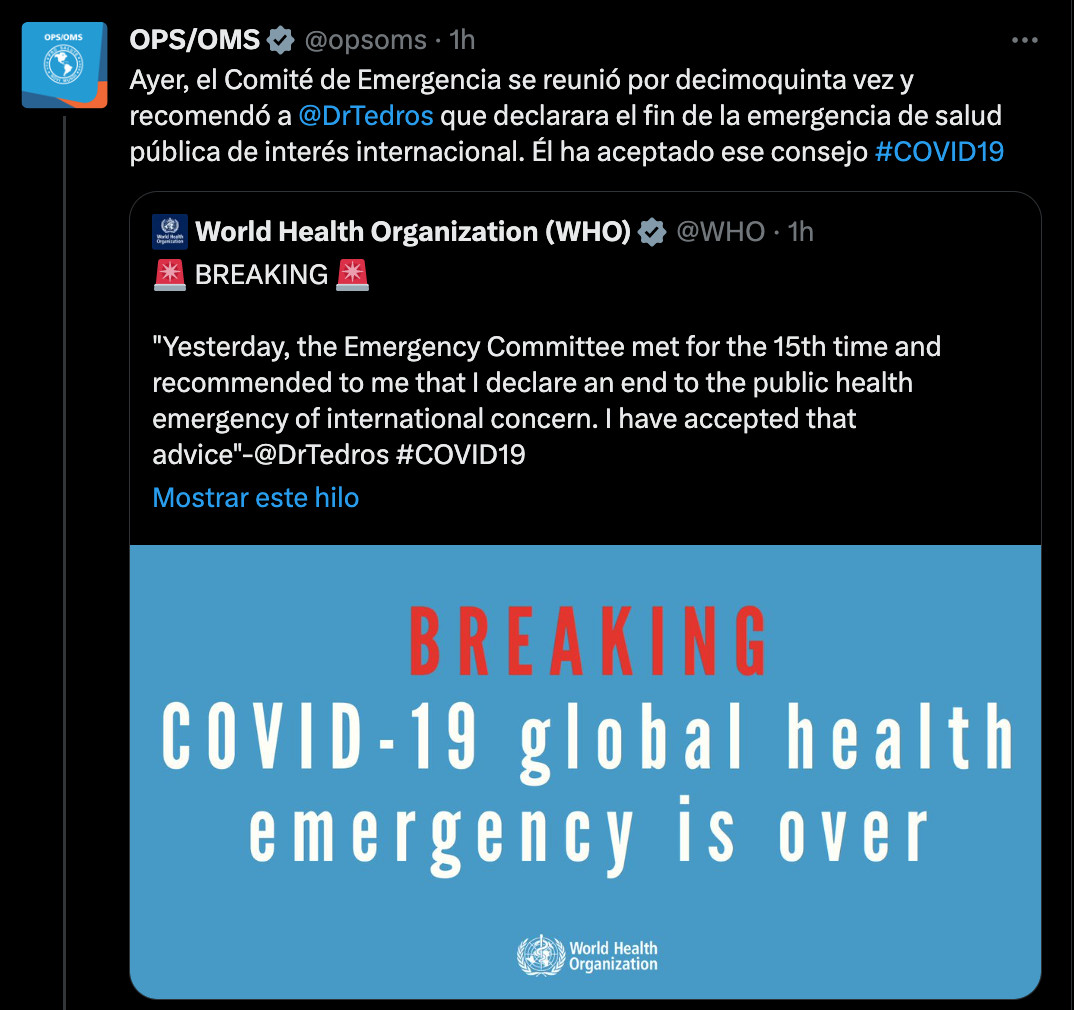 El Comité de Emergencia se reunió este jueves y recomendó la declaración del fin de la emergencia sanitaria / TWITTER