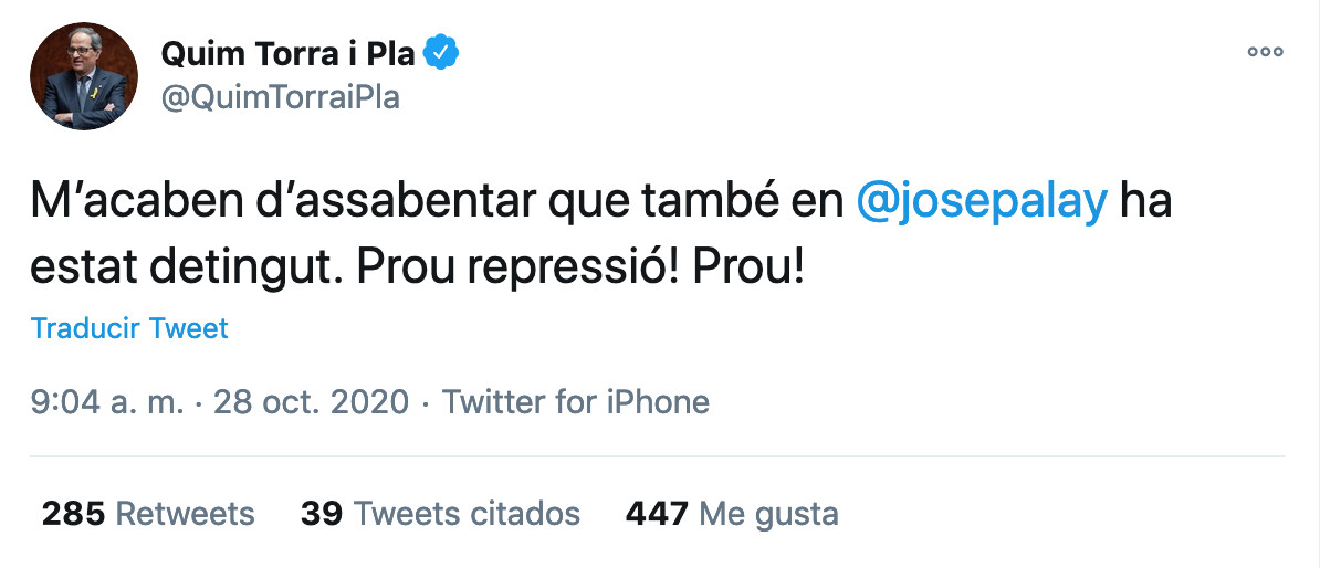 Quim Torra anuncia la detención de Josep Lluís Alay / TWITTER
