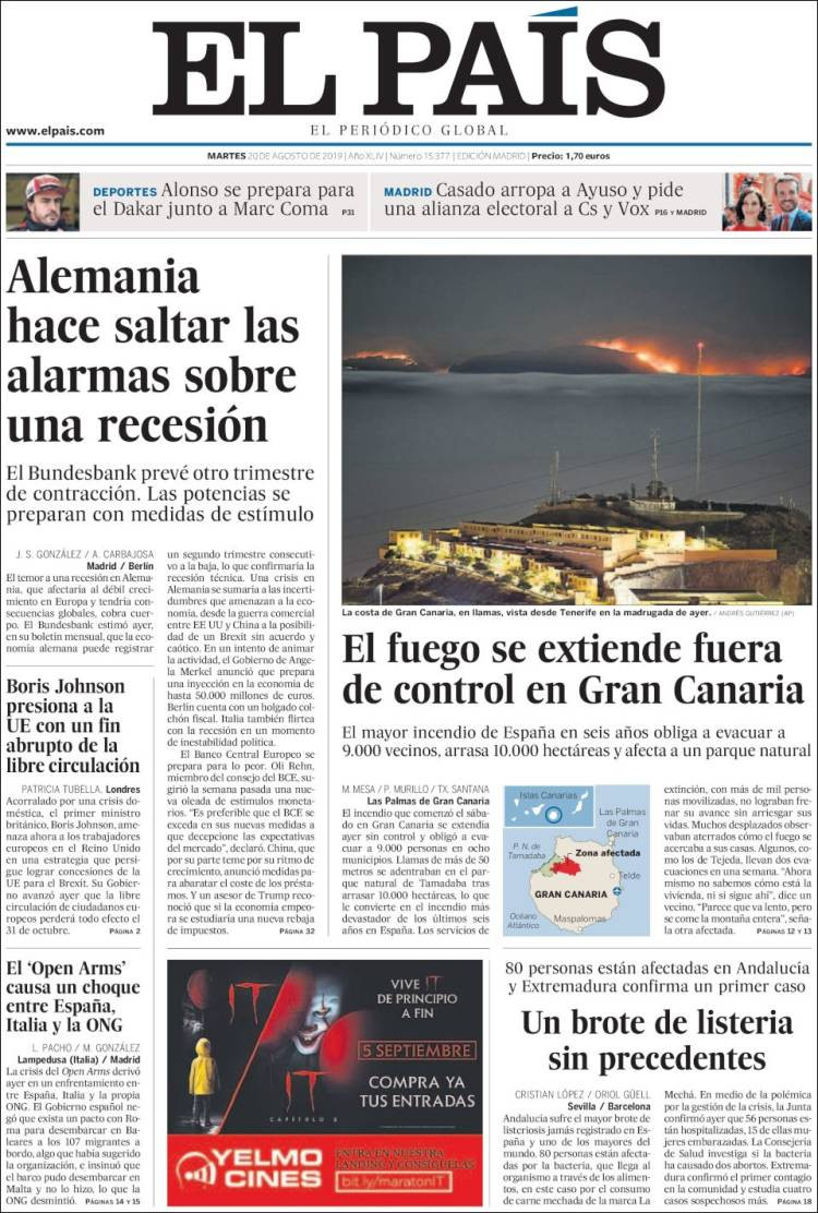 Portada de 'El País' del martes 20 de agosto