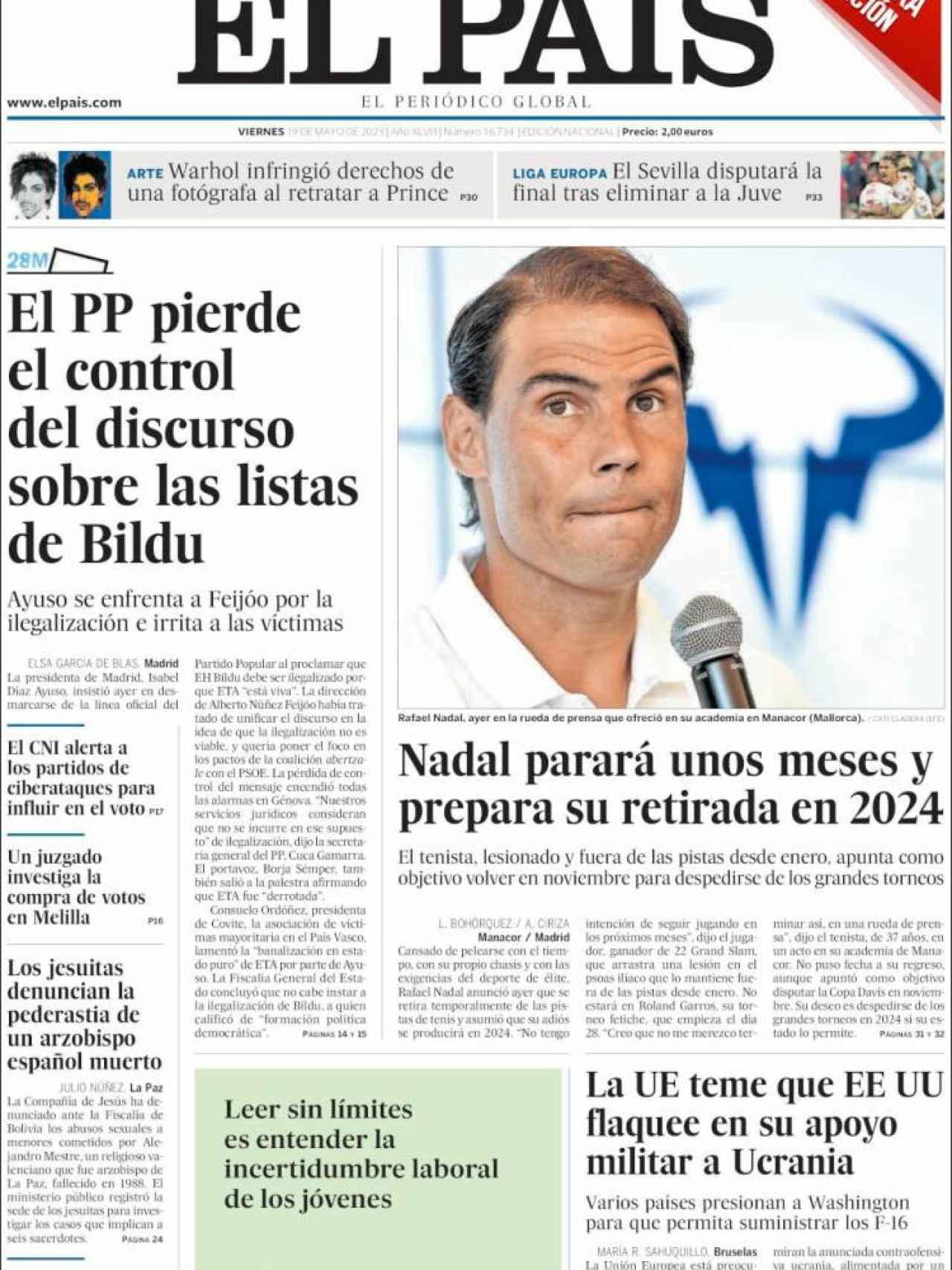 Portada de 'El País' de 19 de mayo de 2023
