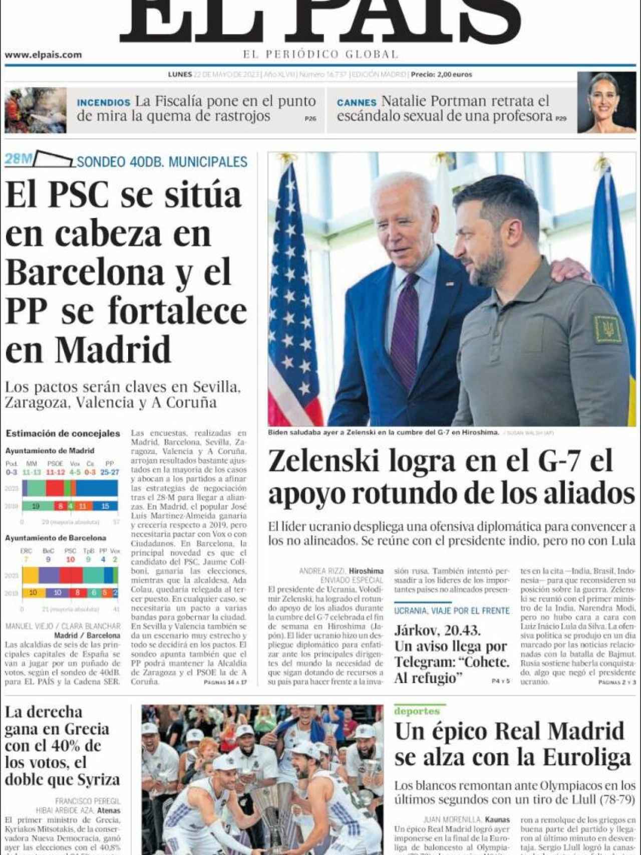 Portada de 'El País' de 22 de mayo de 2023