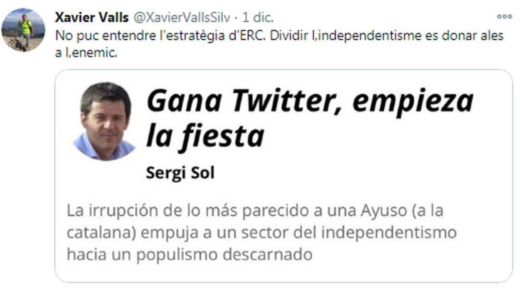 Tuit del presentador de TV3 Xavier Valls, lamentando la división del independentismo