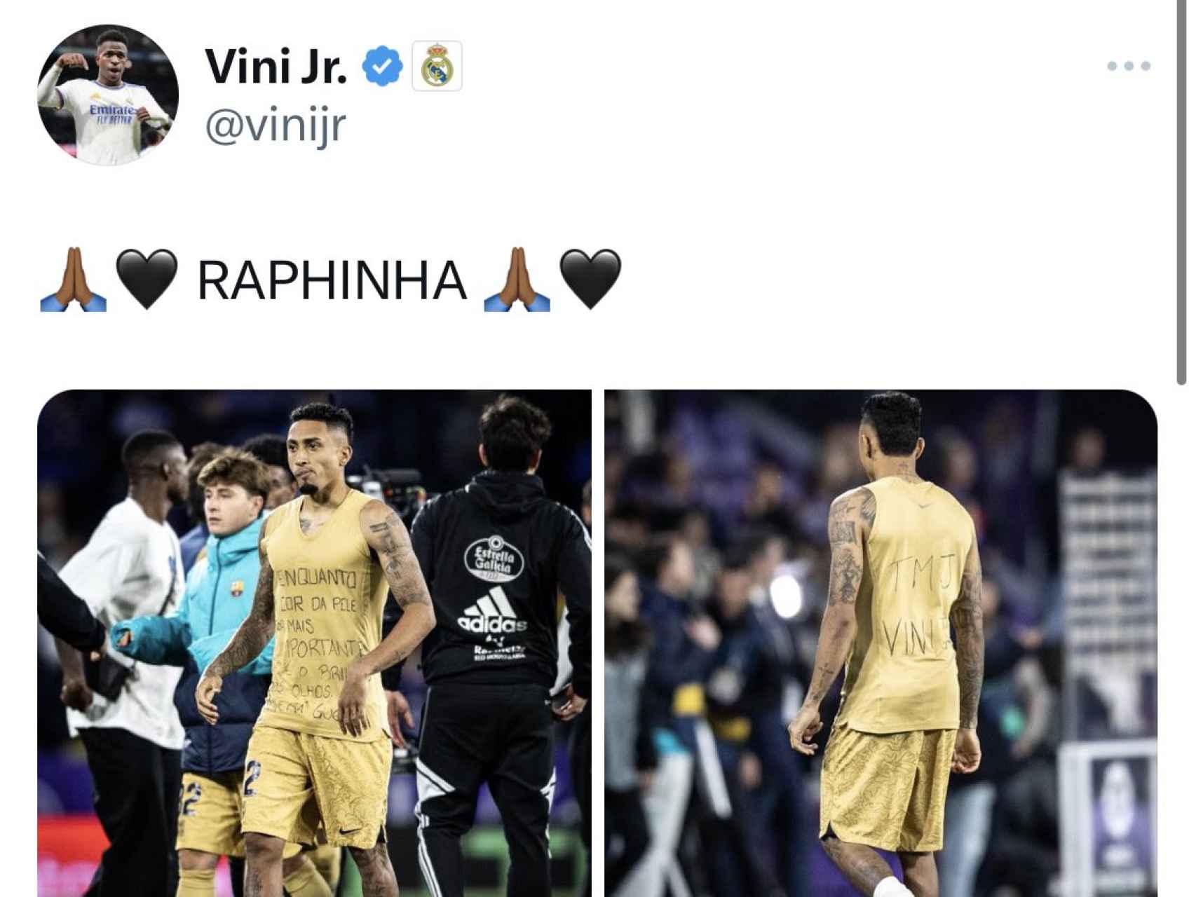 Vinicius le da las gracias a Raphinha por su gesto de apoyo contra el racismo