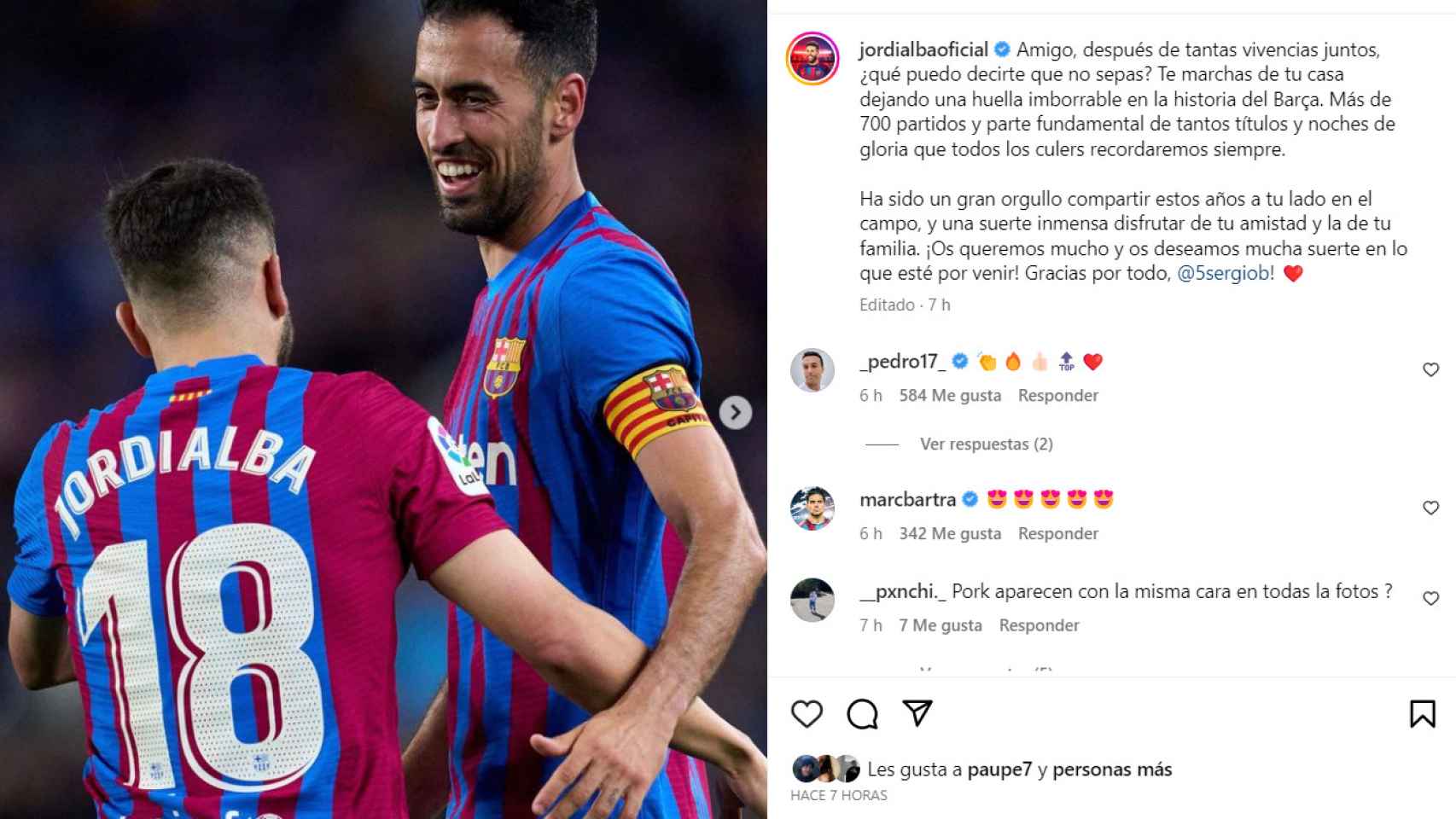 Jordi Alba despide a Busquets en redes sociales tras anunciar su adiós al Barça