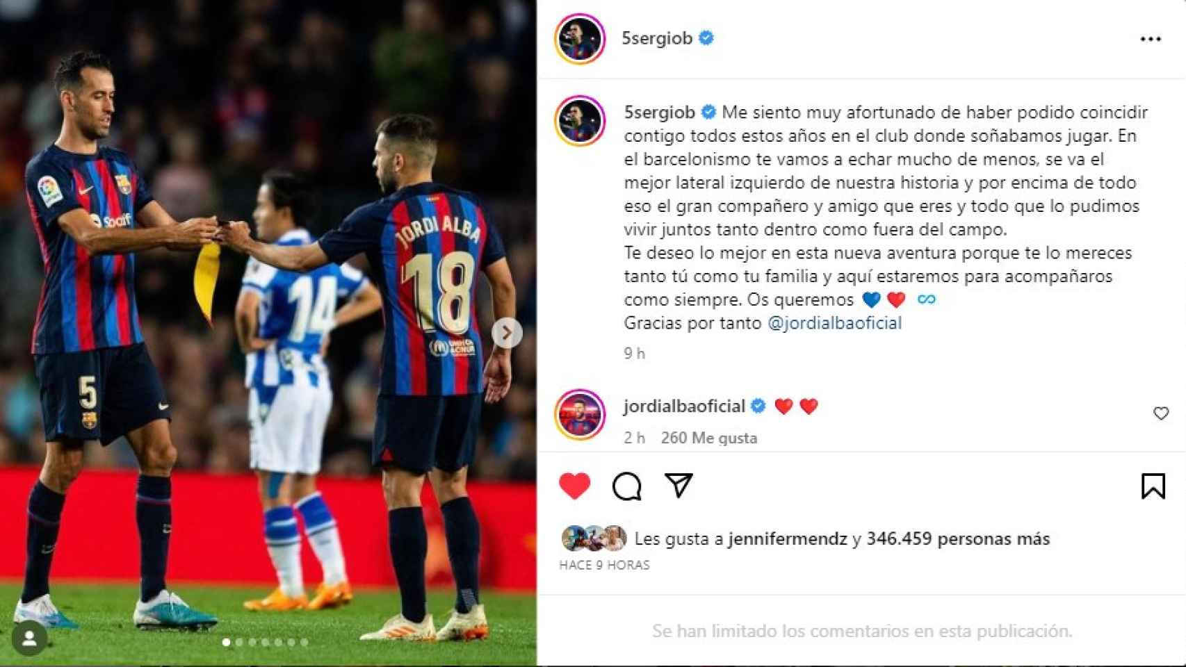 Busquets despide a Jordi Alba tras anunciar que se va del Barça