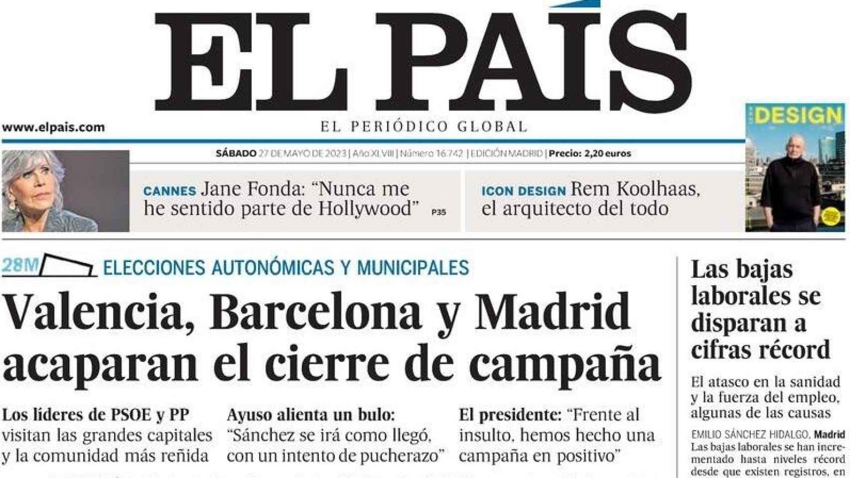 Portada de El País, 27 de mayo de 2023