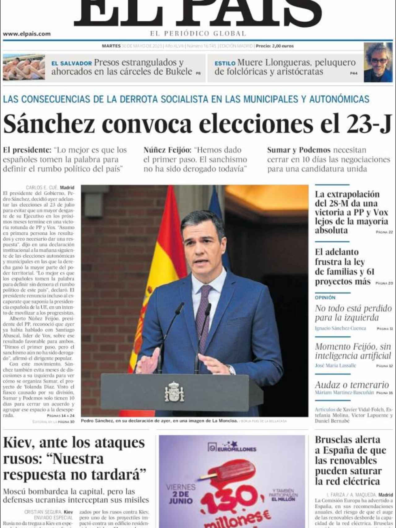 Portada de 'El País' de 30 de mayo de 2023
