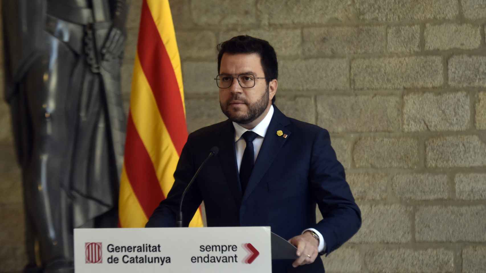 El presidente de la Generalitat, Pere Aragonès, dando un discurso