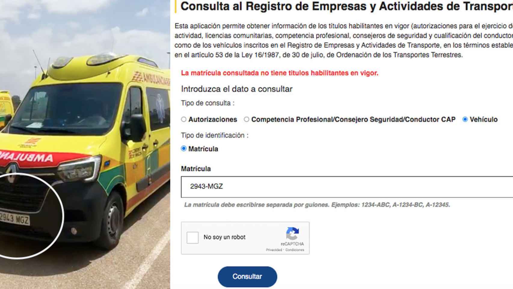 Una de las nuevas ambulancias de Tenorio en Aragón y el registro oficial de Transportes