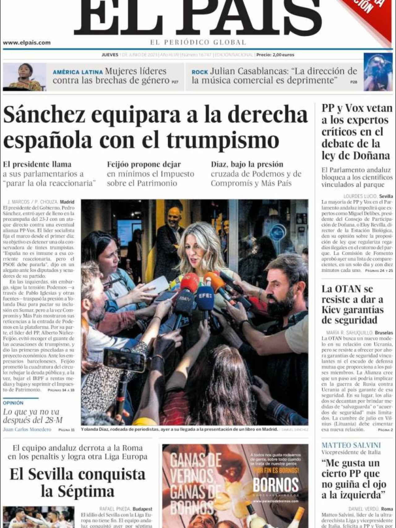 Portada de 'El País' de 1 de junio de 2023