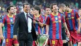 Messi y Joan Laporta celebran un título del Barça